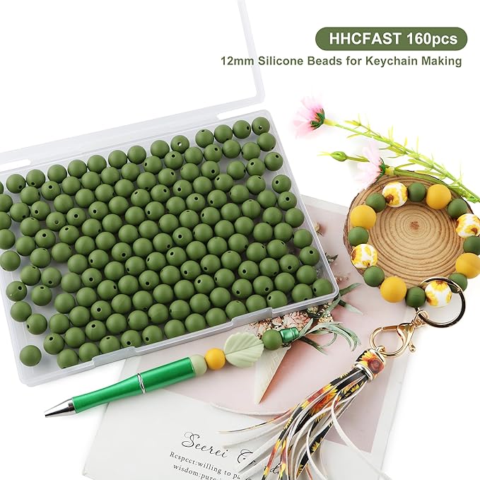 160Pcs 12mm Silicone Beads for Keychain Making Bracelet Necklace, Bulk Round Silicone Beads for Pens（Bean Green）