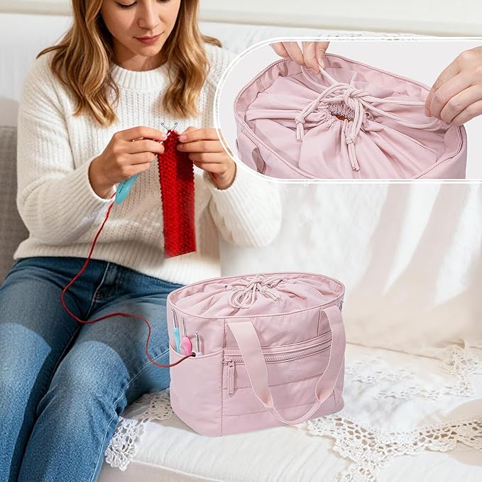 Teamoy Small Knitting Bag Tote, Puffer Yarn Storage Bag, Drawstring Crochet Bag Organizer for Yarn Skeins and Crocheting Supplies, Pink