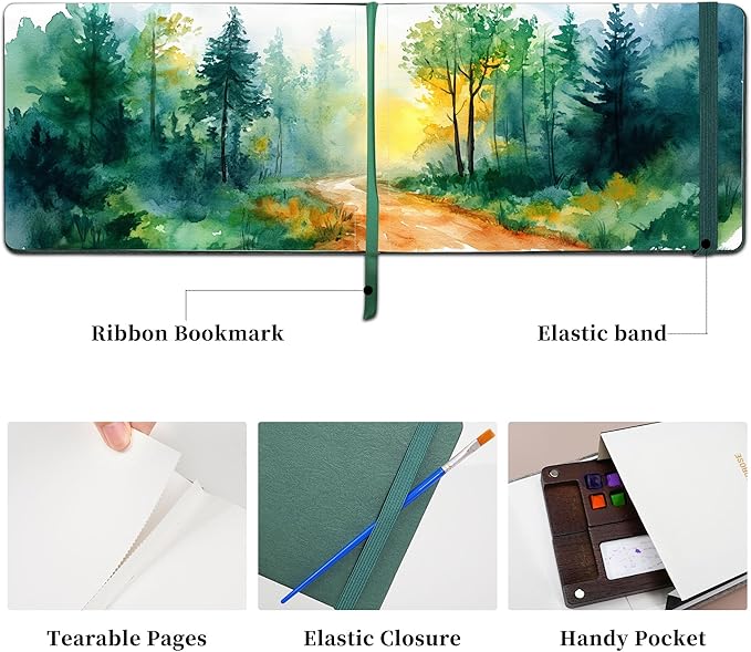 Vienrose Watercolor Sketchbook, 8.25"x5.5" Watercolor Journal with 24 Sheets 48 Pages 140 LB (300 GSM) Cotton Watercolor Paper, Green Leather Cover Water Coloring Sketch Book As Travel Notebook