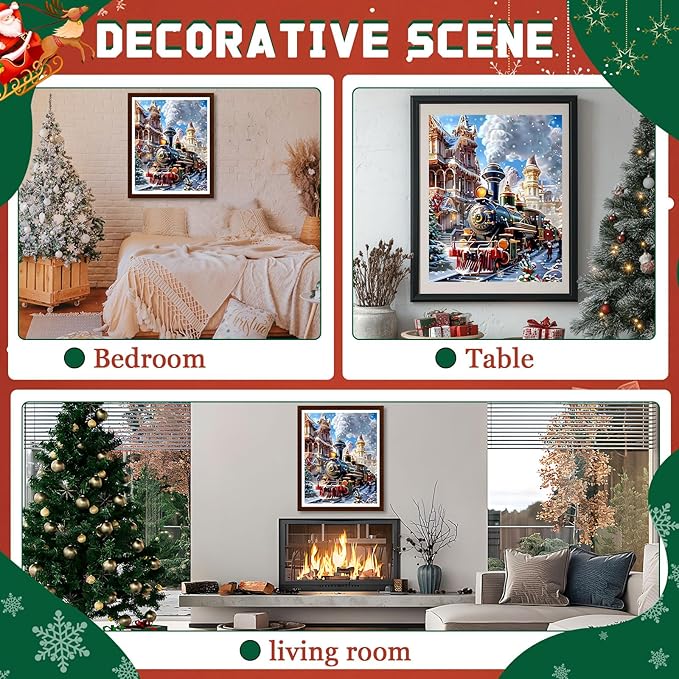 EMIEAUFG Christmas Diamond Art Kits for Adults, Christmas Train Diamond Paiting Kit for Beginners, 5D DIY Round Full Drill Craft Diamond Dot Gem Art, Home Wall Decor 12" x 16"