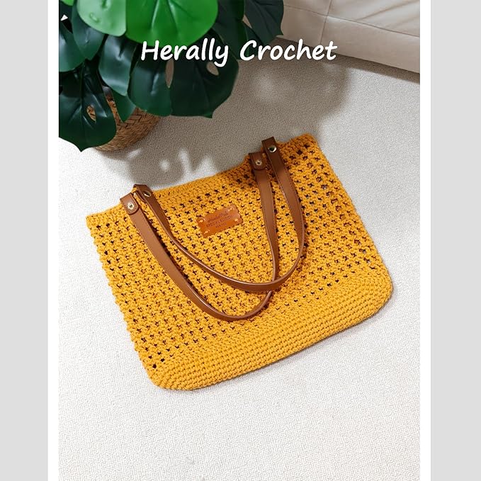 Herally Crochet Kit DIY Bag for Beginners - Include Yarn, Hook and Accessory - with Step by Step Video Tutorials - Crochet Tote Bag (Yellow)