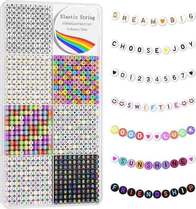 Redtwo 1600 Pcs Letter Beads Kit, 6 Styles of Colorful Alphabet Beads for Bracelet, Number Smiley Face Beads Heart Beads and a Roll of Elastic String for Friendship Bracelet Kit