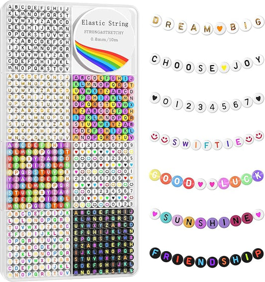Redtwo 1600 Pcs Letter Beads Kit, 6 Styles of Colorful Alphabet Beads for Bracelet, Number Smiley Face Beads Heart Beads and a Roll of Elastic String for Friendship Bracelet Kit
