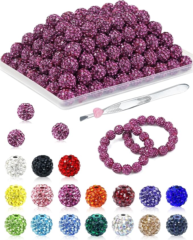 120PCS FIVEIZERO Rhinestone Beads for Jewelry Making, 10mm Fuchsia Shiny Round Sparkle Crystal Clay Bead Bulk Sparkly Baseball Necklace Beads for Bracelets and DIY Crafts