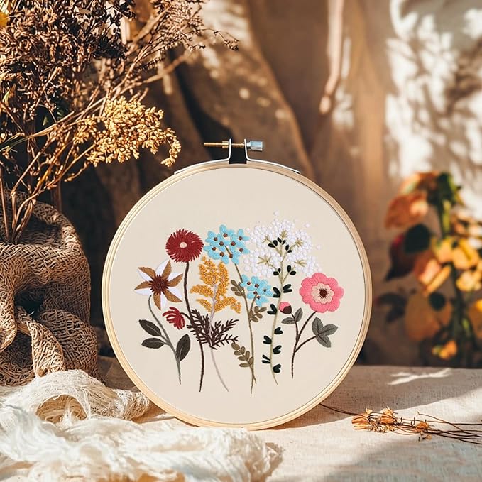 COCOMOX Floral Embroidery Kit, 4 Sets Simple Flower Pattern Embroidery Practice Kits for Beginners Adults, Easy to Follow with Video Instructions