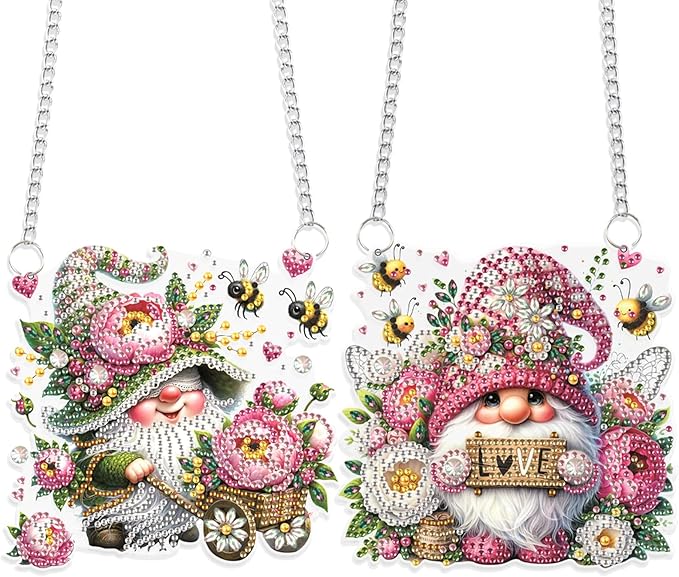 JISHSHAY 2 PCS Diamond Painting Pendant DIY Gnome Dwarf Art Wind Chimes Special Shape Suncatchers Keychain Hanging Craft Kits for Adults