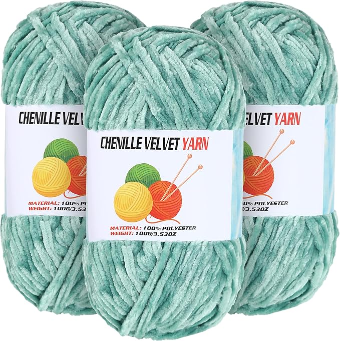 3 * 100g Velvet Chenille Chunky Yarn for Crocheting, Handcrafts Weaving Soft Chenille Yarn for Crocheting Clearance, Used for Making Baby Yarns Blanket, Clothes, Knitting Creations (Light Green)