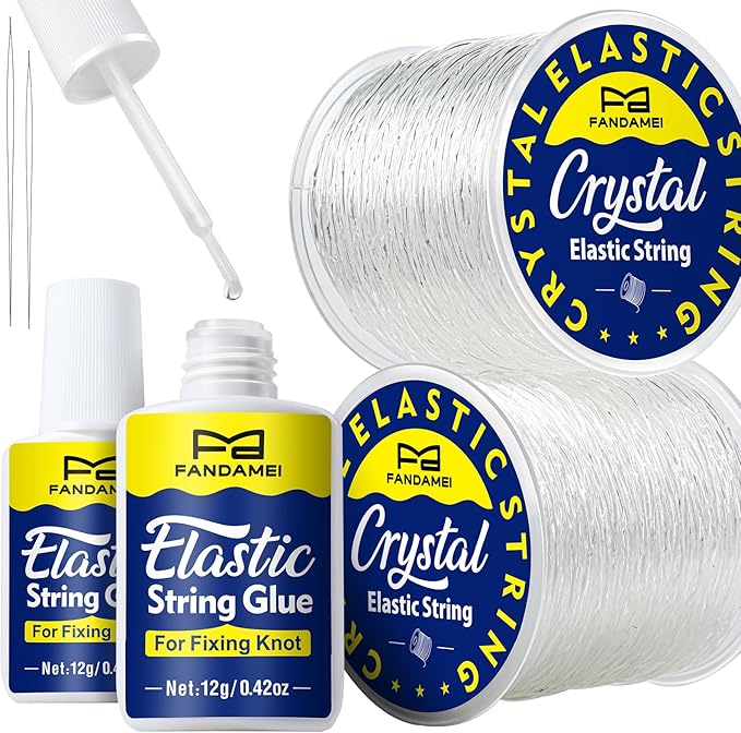 FANDAMEI Elastic String for Bracelets Making Kit, 1mm&0.8mm Clear Bracelet String, Stretchy String with 24g Jewelry Glue for Elastic String & 2 Beading Needles for DIY Necklaces, Bracelets & Jewelry