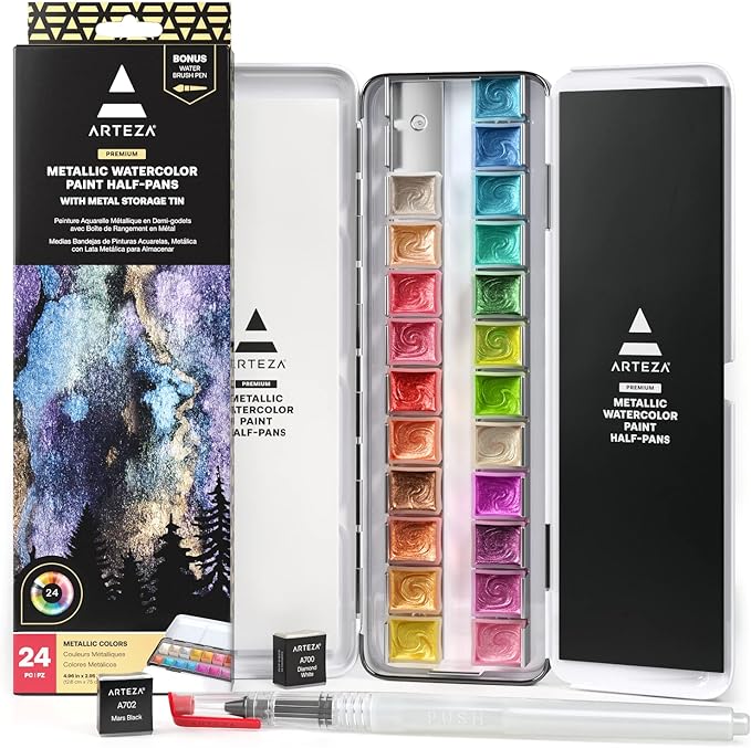 ARTEZA Metallic Watercolor Paint Set 24 Colors, Shimmering Watercolors in Half Pans with Water Brush Pen & Tin Box, Luminous, High-Pigment Paints for Paper & Mixed Media, Holiday Gift for Artists