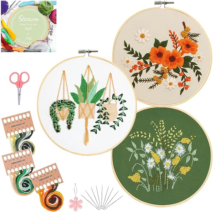 Santune 3 Sets Embroidery Kit for Beginners Needlepoint Cross Stitch Kits for Adults,Stitch Learning DIY Sets with Instruction Video,Stamped Floral Patterns,Hoop,Threads,Sewing Hobby