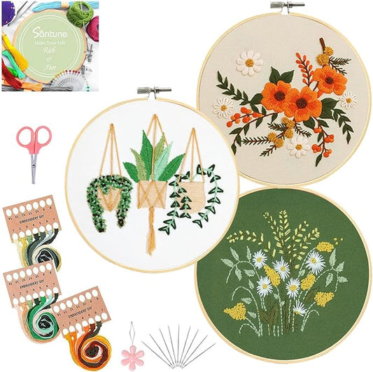 Santune 3 Sets Embroidery Kit for Beginners Needlepoint Cross Stitch Kits for Adults,Stitch Learning DIY Sets with Instruction Video,Stamped Floral Patterns,Hoop,Threads,Sewing Hobby
