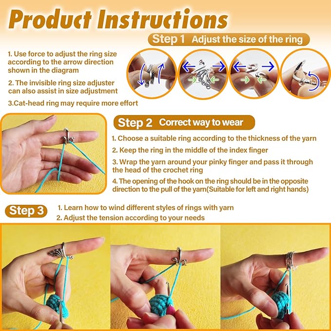 SGIBYN 8 Pack Adjustable Crochet Yarn Tension Ring for Crocheting, Crochet Ring for Finger, Peacock Cat Crochet Knitting Rings for Tension