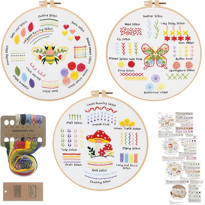 Louise Maelys Embroidery Kit for Beginners,3 Packs Practice Tool for Adults,Learn 30 Basic Stitches,DIY Hand Sewing Gift,Cross Stitch Starter Kits with Hoop Needles Instruction and Threads