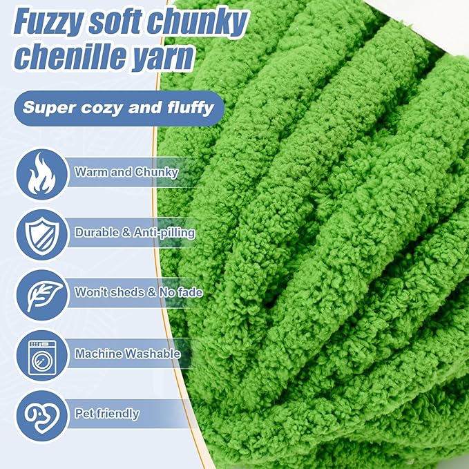 Chunky Yarn for Hand Knitting, Jumbo Chunky Yarn for Crocheting, Chunky Chenille Yarn, 1 Pack (32 yds 8.5 oz Each Skein),#7, Green