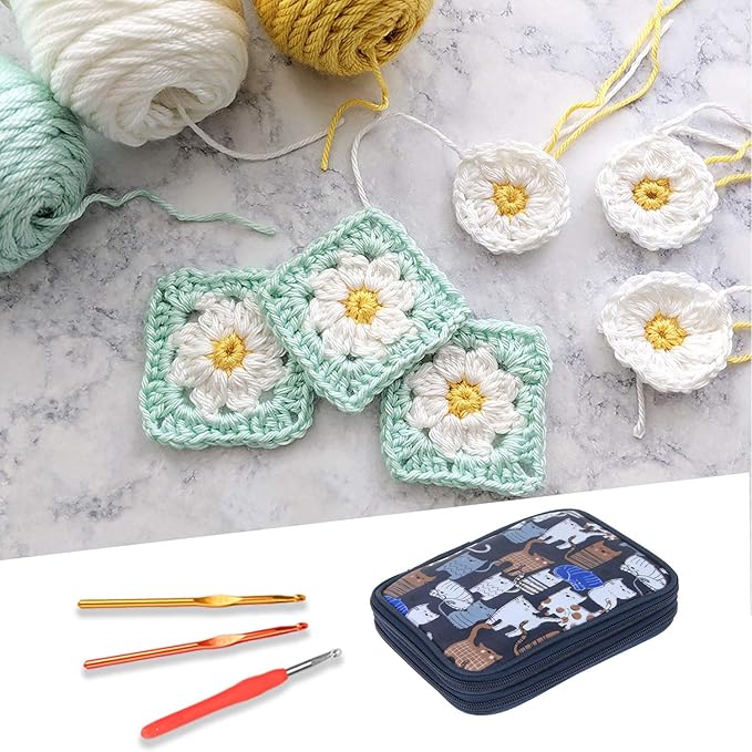 Teamoy Crochet Hook Case - Empty Organizer with Multiple Pockets for Needles & Knitting Accessories, Cats Blue
