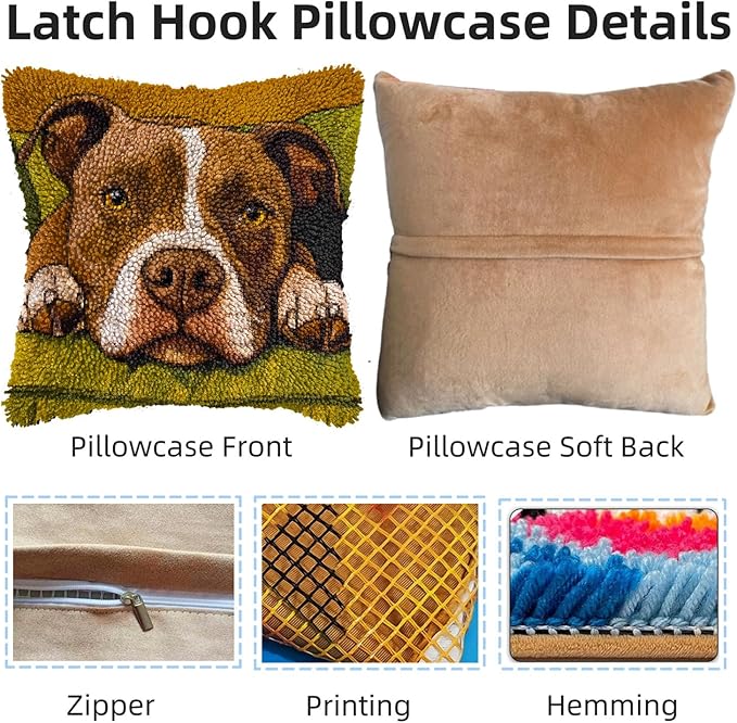 DIY Latch Hook Pillow Kits for Adults Cartoon Pitbull Dog on Sofa Printed Pillowcase Crochet Yarns Hooking Handmade Pillow Cover Cushion for Home Sofa Decoration 17x17inch-4