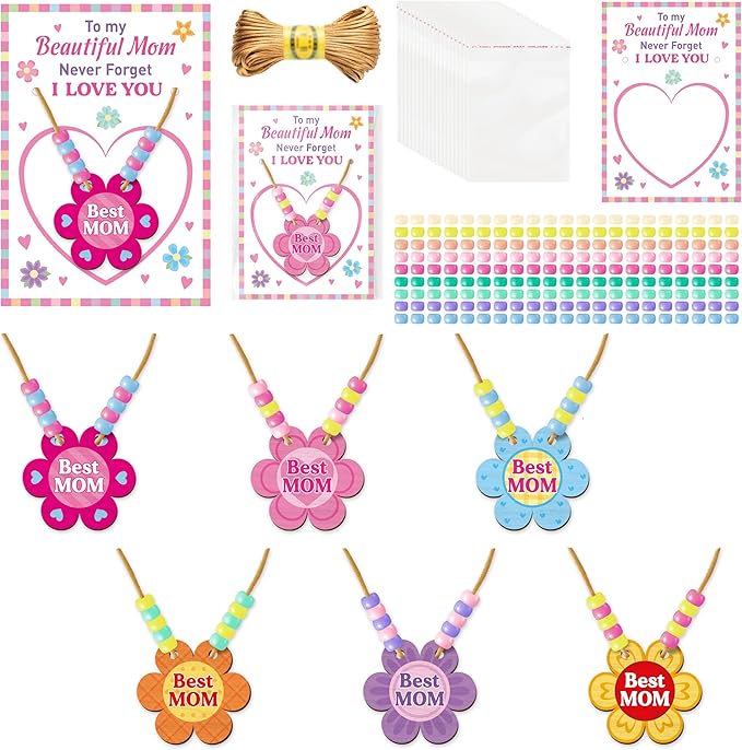 BeYumi Mom Necklace Craft Kit - 24Pcs DIY Mother's Day Best Mom Wooden Flower Pendant Beads Necklace Making with Greeting Card to Beautiful Mother Craft Gift Kids School Classroom Family Party Favor