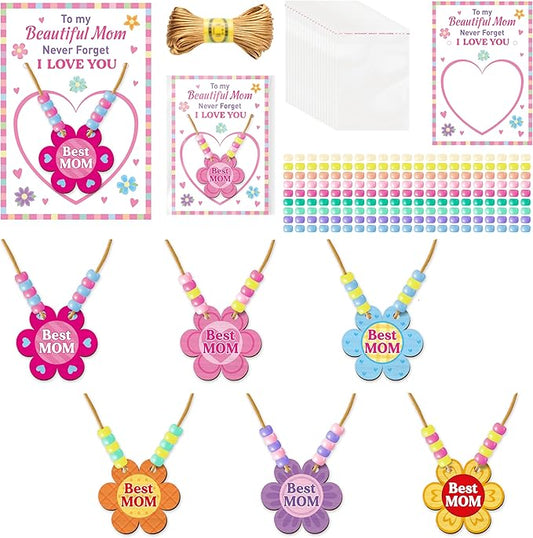 BeYumi Mom Necklace Craft Kit - 24Pcs DIY Mother's Day Best Mom Wooden Flower Pendant Beads Necklace Making with Greeting Card to Beautiful Mother Craft Gift Kids School Classroom Family Party Favor