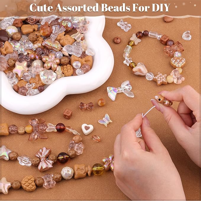 200-260pcs tinkrstuff assorted acrylic beads brown cute beads for bracelet making, aesthetic gummybear bow flower candy butterfly kawaii charms for jewelry making diy necklace keychain phone charm