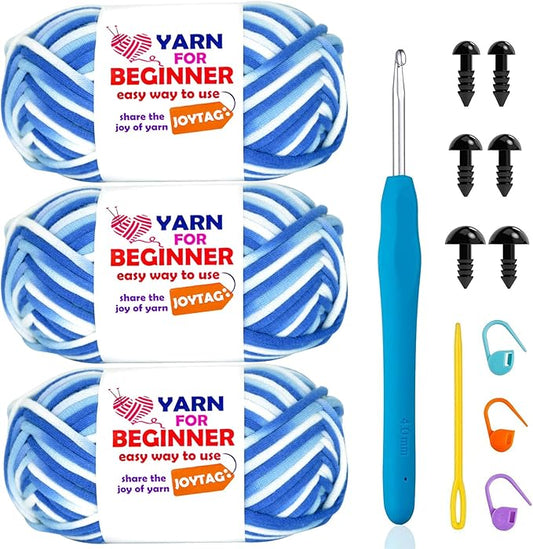 3 Pack Rainbow Beginner Crochet Yarn for Crocheting and Knitting Multicolor Cotton Crochet Yarn for Beginners with Easy-to-See Stitches Cotton-Nylon Blend Easy Yarn for Beginners(Blue Tone)