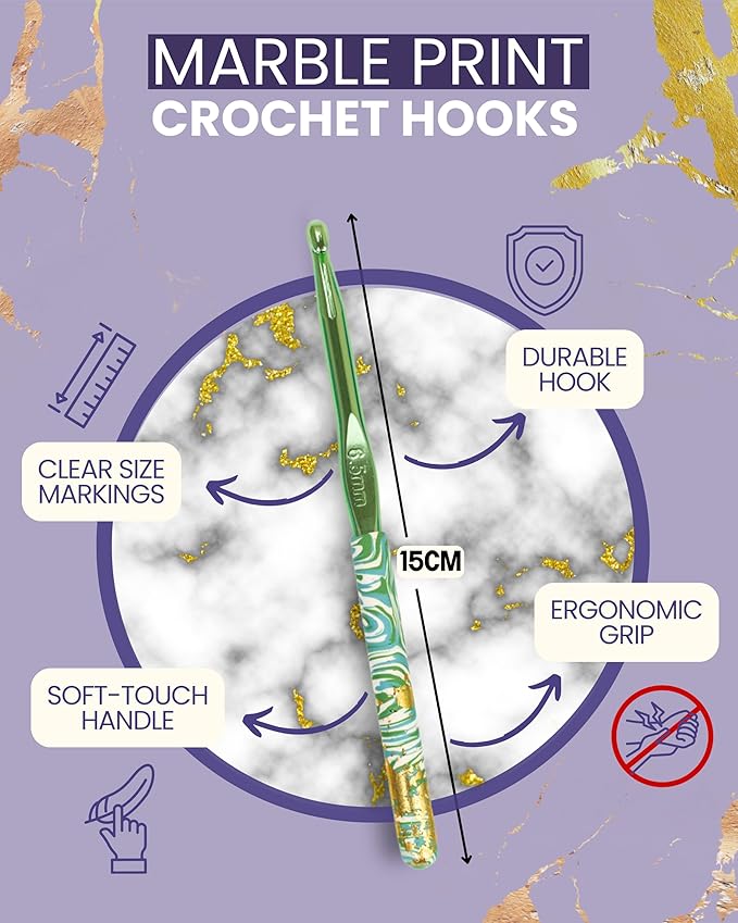 The Quilted Bear Marble Crochet Hook Set - 12 Ergonomic Soft Grip Crochet Hooks Set with Light Polymer Clay Handle for Comfortable Crocheting & Knitting (2mm-8mm)
