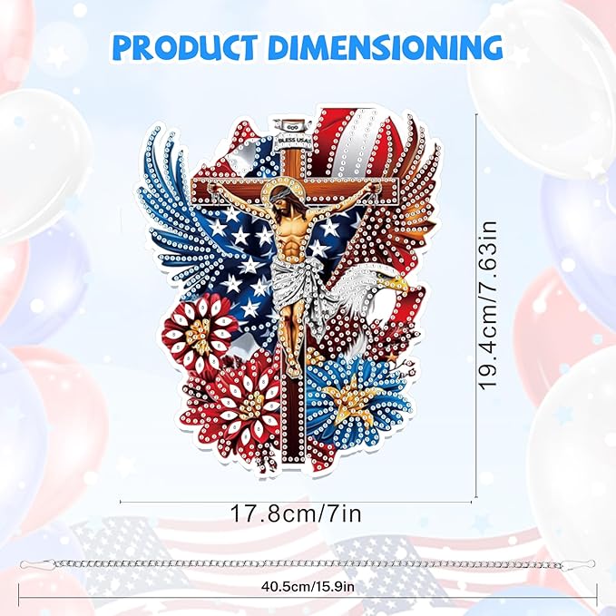 Bowetile Independence Day 5D Diamond Art Hanging Jesus Kits for Adults, 4th of July Diamond Painting USA Window Pendant Kits, Special Shape Gem Art Suncatcher Ornament for Home Wall Decor