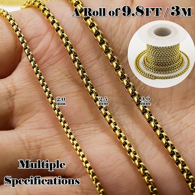 Gold 2.5mm Rolo Box Chain Necklace for Jewelry Making - 10ft Stainless Steel Bracelet Chain for Men Women