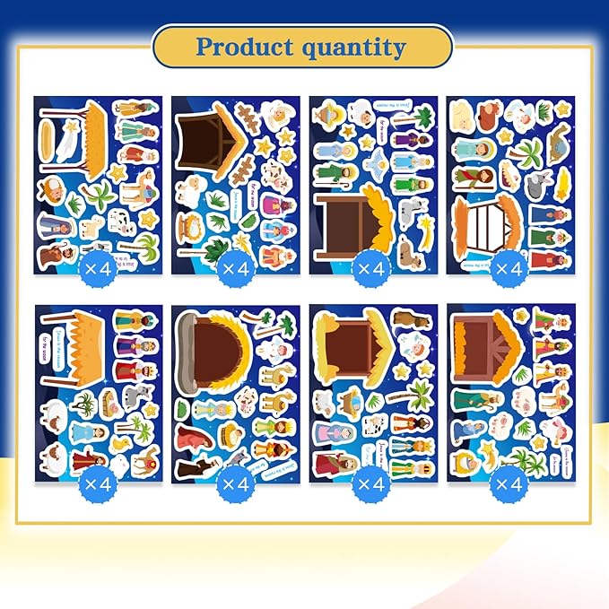 32 sheets christmas nativity stickers, make a nativity scene sticker jesus birth stickers, christmas crafts for kids, religious bible scene party favor christian craft school classroom activity