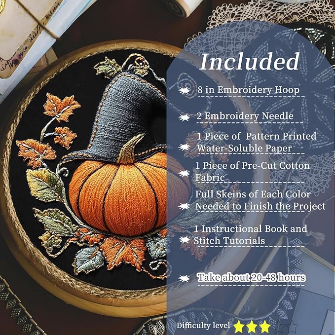 FONNUY Pumpkin Embroidery Kit for Beginners, Pre-Stamped Pattern Kits for Adults with Hoop, Easy to Follow Color Thread Needlework, 8'' Hoop (Witch Hat 3)