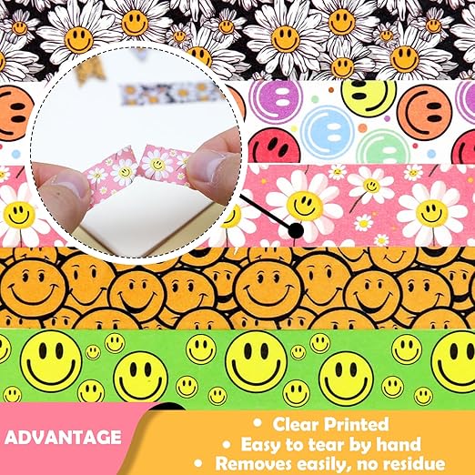 12 Rolls Smile Face Washi Tape Set, Cute Flower Decorative Tape, Colorful Cartoon Masking Tape for Journaling Supplies, Junk Journal, Scrapbooking, DIY Arts & Crafts Supplies