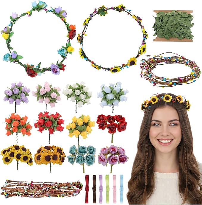 KorViSHOW DIY Flower Crowns Making Kit, 149 Pcs Handmade Rose Sunflower Floral Headband Making Kit, DIY Creativity Fairy Flower Hair Accessories Craft Set for Women Make Your Own Princess Arts Gifts