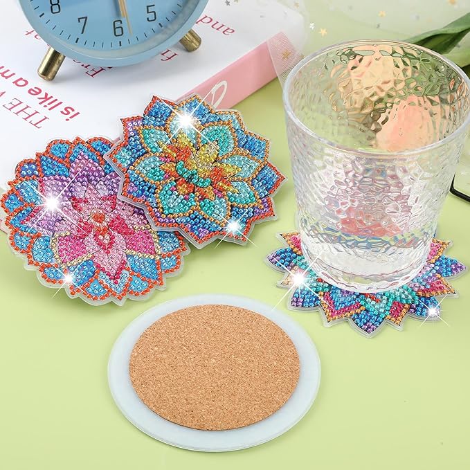 UPINS 8Pcs Lotus Diamond Art Painting Coasters Kits with Holder, Diamond Art Non Slip Coaster Kits DIY with Holder Crafts for Adults Diamond Art Painting Kits Supplies for Holiday Gift