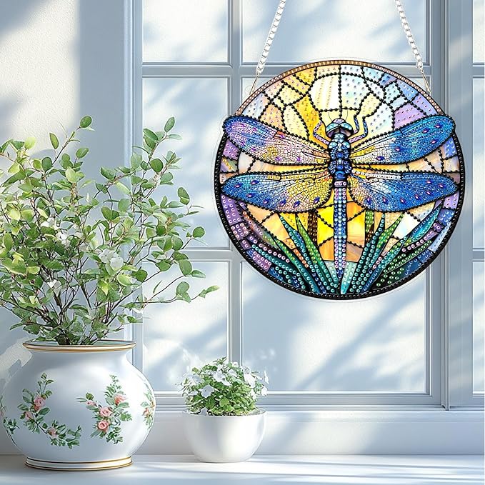 TOSTOG Hanging Diamond Art Kits for Adults, Dragonfly Diamond Paintings for Adults, Crystal Window Pendant Diamond Art Kits, 5D Diamond Paintings Hanging Pendant Kit Gem Painting Wall Decor and Gift