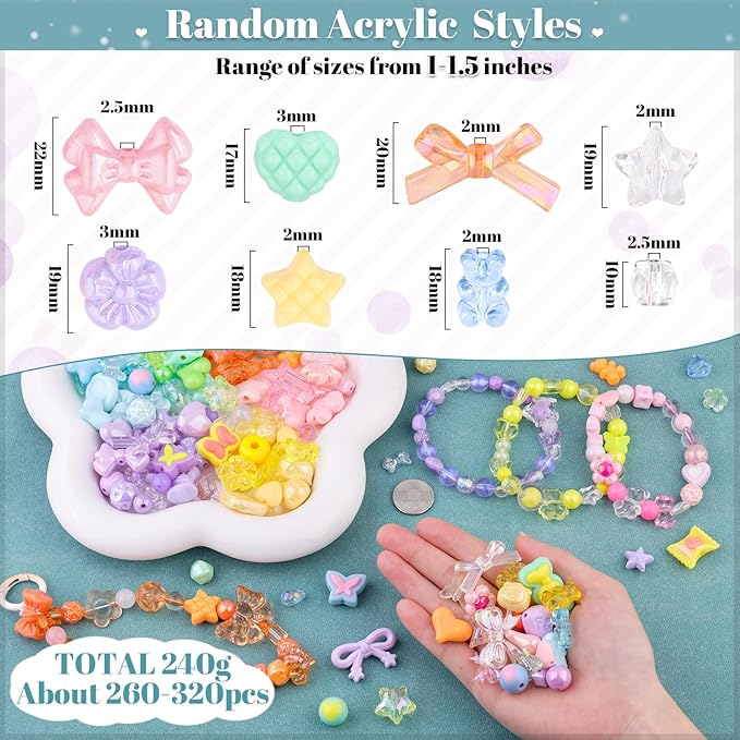 400-450pcs tinkrstuff assorted acrylic beads 6 mixed colors cute beads for bracelet making, bow aesthetic flower gummybear butterfly kawaii charms for jewelry making diy necklace keychain phone charm