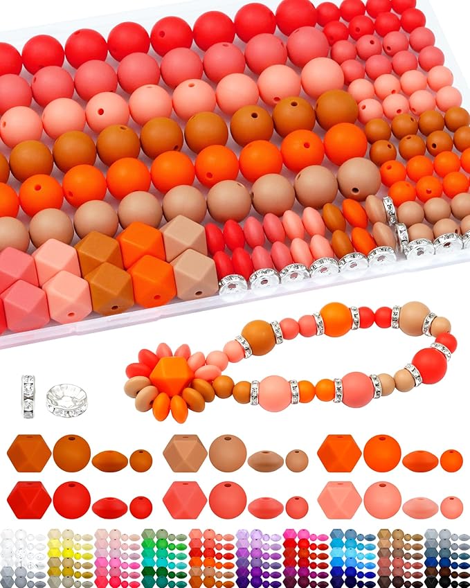 172PCS FIVEIZERO Silicone Beads for Keychain Making, 6 Mixed Colors Silicone Focal Beads Kit, 9mm & 15mm Round Lentil Hexagon Bead & Rhinestone Spacer Bead for Jewelry Making & Bracelets (Orange)