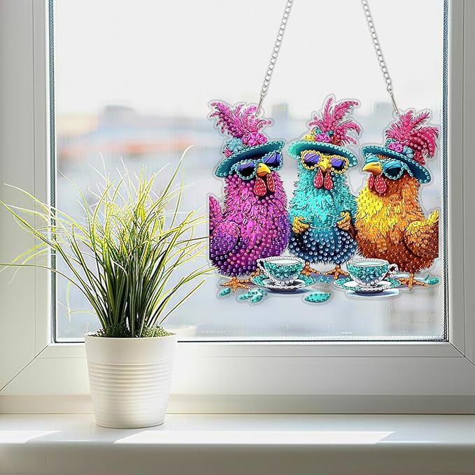 SENQAO Chicken Diamond Art Hanging Kits for Adults Kids, Acrylic Diamonds Painting Pendant Board Kit Chicken, Diamond Art Painting Window Pendants Home Garden Wall Hanging Kits Hanging Ornament