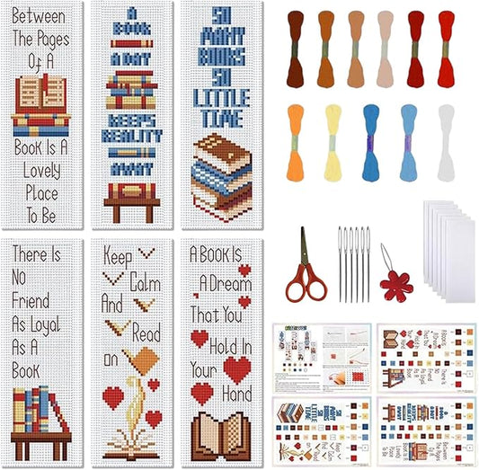 FREEBLOSS 6 Set Cross Stitch Bookmark Kit Books Pattern Stamped Cross Stitch Kits for Beginners DIY Embroidery Bookmarks DIY Bookmark Kit Embroidery Kit for Adults Gift 6 * 20CM