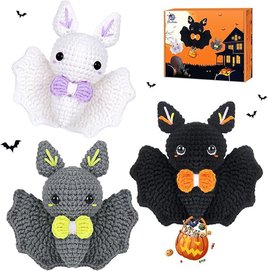 Crochet Kit for Beginners, Beginner Crochet Kit for Adults with Step-by-Step Video Tutorials, Halloween Gifts DIY Crochet Animal Kits Knitting Supplies, 3 Pack Bat (40%+ Yarn)