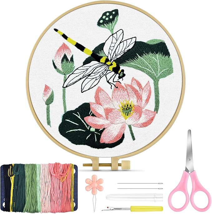 TINDTOP Embroidery Kit for Beginners Adult, Dragonfly Embroidery Kit for Beginners Include Embroidery Cloth Hoops Threads for Craft Lover Hand Stitch with Embroidery Skill Techniques (Dragonfly)