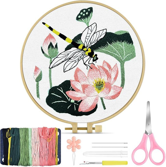 TINDTOP Embroidery Kit for Beginners Adult, Dragonfly Embroidery Kit for Beginners Include Embroidery Cloth Hoops Threads for Craft Lover Hand Stitch with Embroidery Skill Techniques (Dragonfly)