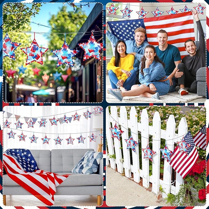 Yaomiao 30 Set Memorial Day Patriotic Suncatchers Paper Crafts Kit DIY Star Shaped Stained Glass Effect Tissue Paper Activities Hanging Decor Gift for Memorial Day