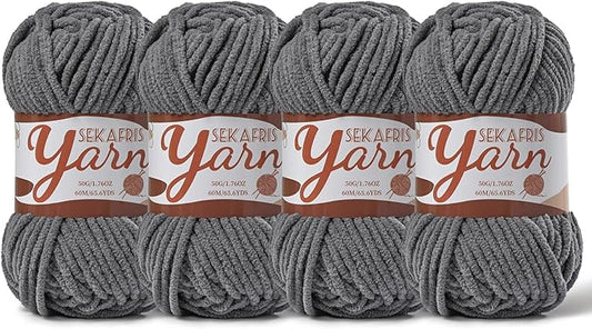 4 Pack Fluffy Velvet Yarn for Crocheting，Baby Blanket Yarn for Crocheting Soft，200g(262.4yds) Amigurumi Yarns，Plush Chenille Crochet Yarns，Puzzle Yarn for Crochet Weaving Craft(4 Dark Gray)