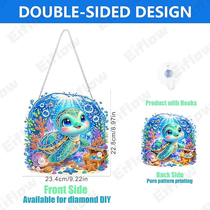Eiflow Acrylic Diamond Art Hanging Kit for Adults, DIY Diamonds Painting Door Hanger Board Kit, Special Crystal Diamond Art Painting Pendant Ornament (Beach Turtle)