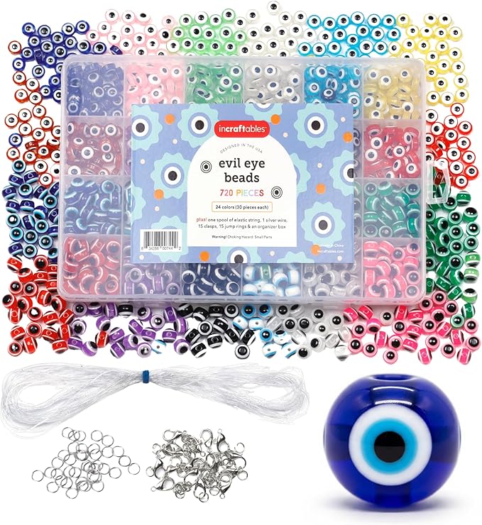 Incraftables 720 Piece Evil Eye Beads Kit – 24 Color Glass Beads Set with Clasps, Jump Rings, Elastic Cords & Organizer - Bracelet Making Kit for Jewelry Crafting