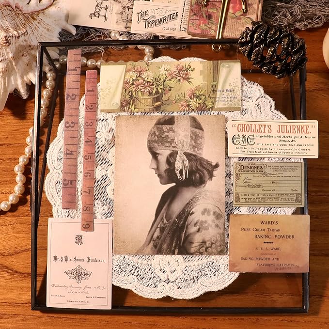 CATaireen Vintage Junk-Journal Mixed Paper Scrapbooking Embellishments Set Retro Journaling Decoupage Stickers Textured Packaging Decorative Cards Tags Kit (Old Photos 1)