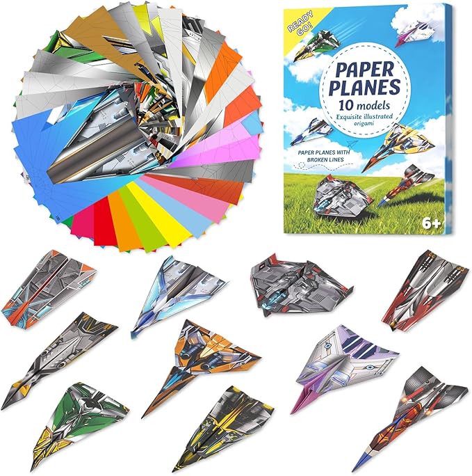 AluAbi 60 Sheets Paper Airplane Kits, Origami Paper Plane Kits for Kids Ages 6-8 8-12, Double Sided Colored Origami with Instructions Book & Video, Birthday Easter Crafts Airplane Gifts (Airplane)