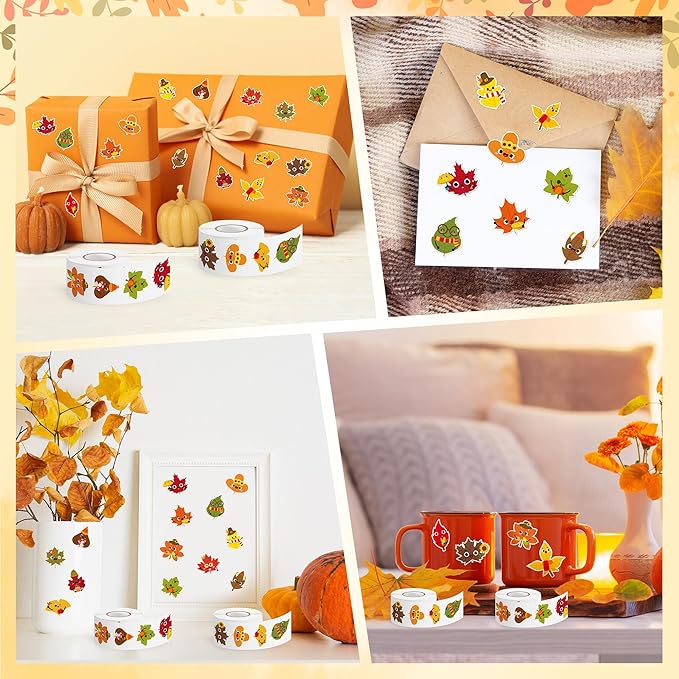 beyumi fall maple leaves sticker - 1000pcs fall cute leaf stickers in 2 rolls autumn thanksgiving adhesive maple leaf decals with expressions harvest party favor classroom office bottle decor for kids