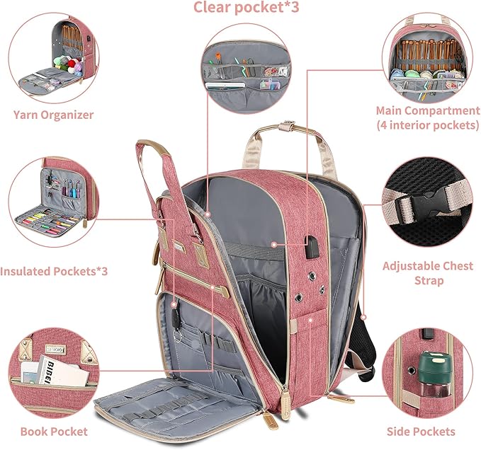 Crochet Bag, Knitting Bag Backpack and Totes Organizer with USB Charging Port, Large Yarn Storage Tote Bag