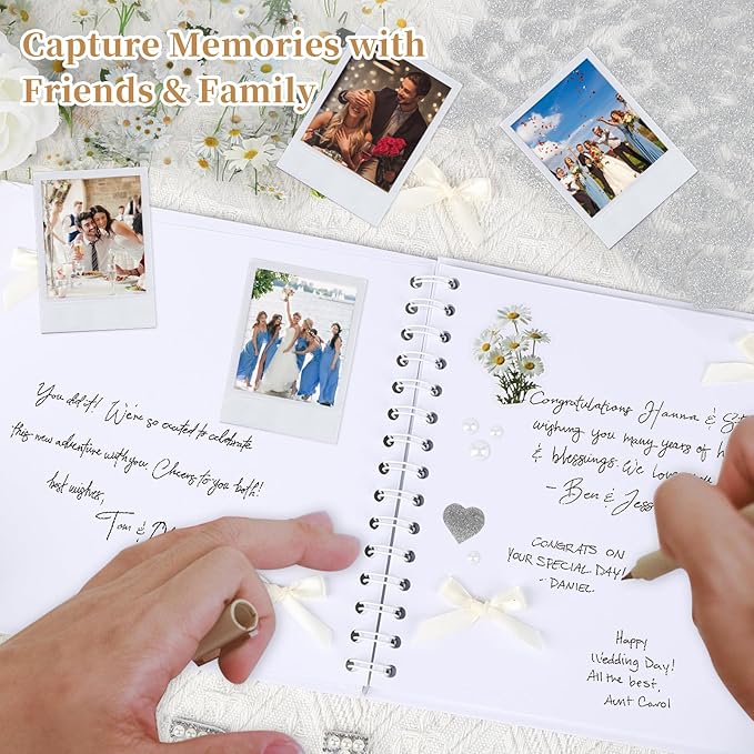 Mioxskrey Letters To The Bride Scrapbook Wedding Bridal DIY Blank Paper Memory Scrapbook Wedding Albums Supplies with Pearl Stickers, Bows, Metallic Letters, Flower Stickers, Tweezers, 8x8 Inch, White