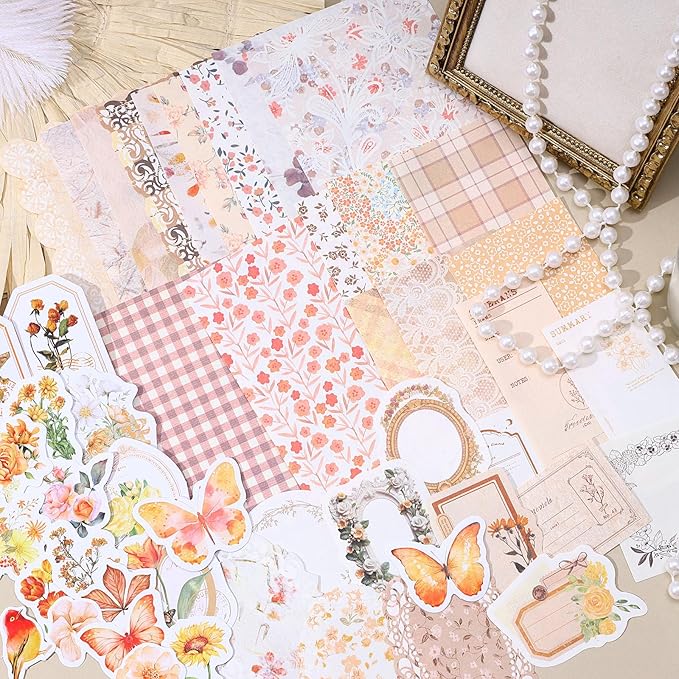 TIESOME 100pcs Vintage Floral Scrapbook Paper and Journaling Stickers Assorted Set, Memo Labels for Junk Journal Planner Collage Card Album Decor(Yellow)